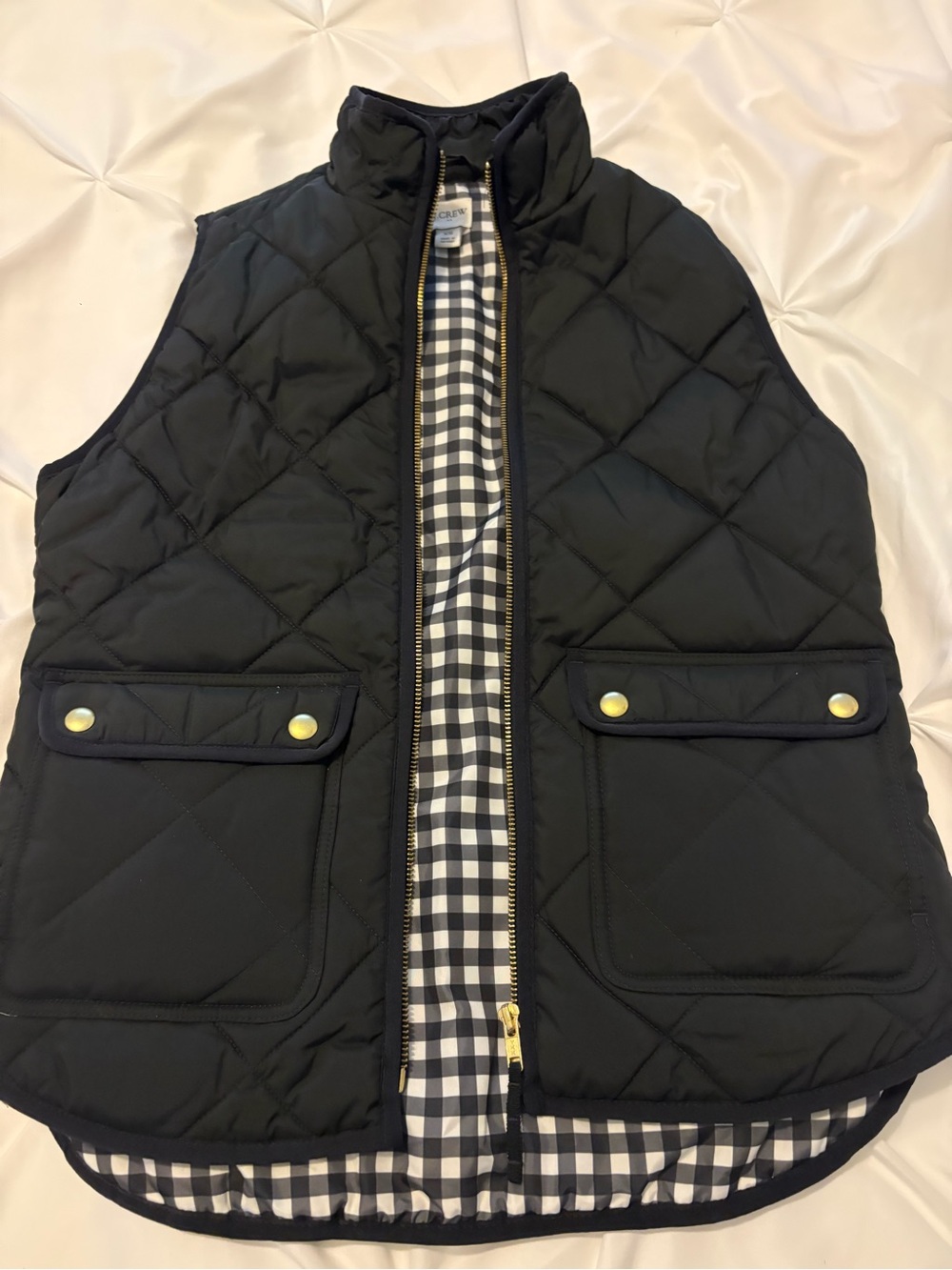 J. Crew Black Quilted Vest with Black-and-White Gingham Lining